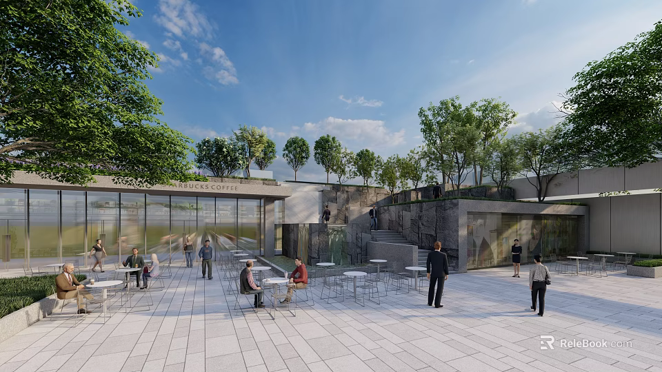 Modern Commercial Landscape With Outdoor Leisure Space Greenery Glass Facade And Stone Steps 3d model 