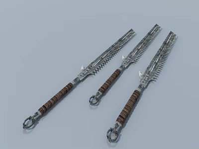 Three Serrated Bladed Weapons with Brown Wooden Handles and Metal Rings 3d model