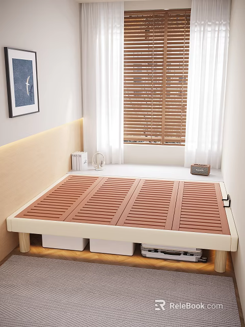 Double Bed With Wooden Slat Design In Modern Bedroom With Books Kettle And Wooden Blinds 3d model 