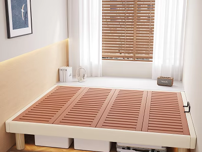 Double Bed With Wooden Slat Design In Modern Bedroom With Books Kettle And Wooden Blinds 3d model