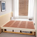 Double Bed With Wooden Slat Design In Modern Bedroom With Books Kettle And Wooden Blinds