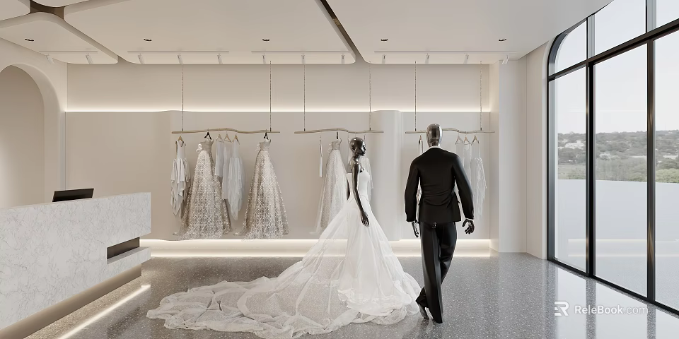 Modern Open Bridal Shop with Hanging Wedding Dresses Bride in Gown Groom in Suit Inside 3d model 