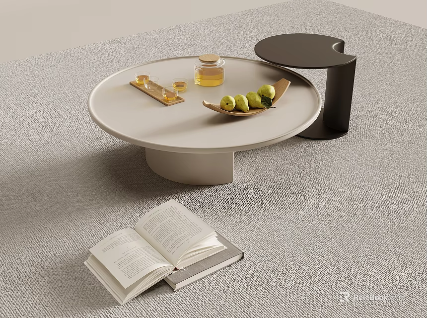 Round White Coffee Table With Gold Accessories Fruit Plate Open Book And Black Side Table 3d model