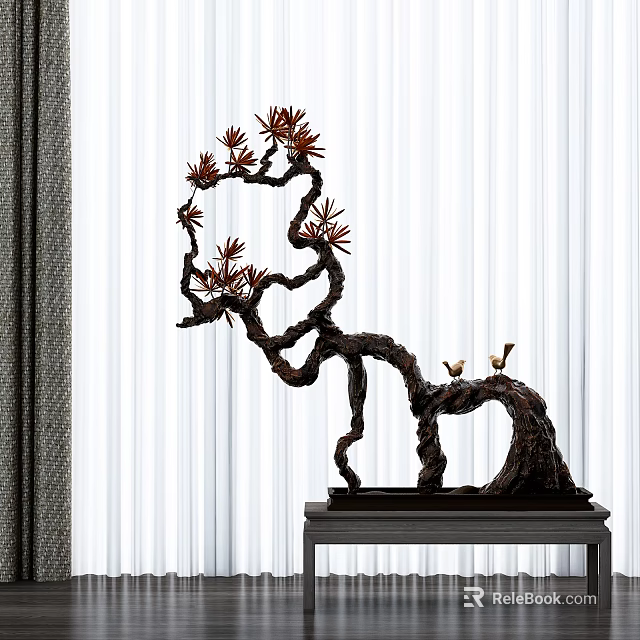 Artistic Bonsai Plant With Twisted Branches Pine Needles And Small Birds On Black Stand 3d model 