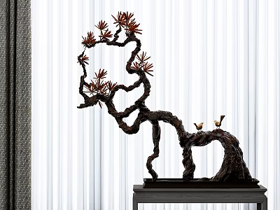 Artistic Bonsai Plant With Twisted Branches Pine Needles And Small Birds On Black Stand 3d model