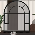 Arched Metal Screen With Grid Design Green Plants In White Planters And Light Curtains