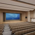 Spacious Modern Conference Room With Large Screen Podium Seats Wooden Walls Gray Carpet Ceiling Design