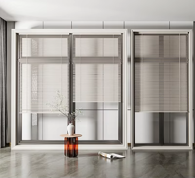 Floor to Ceiling Windows With Louvered Blinds In Modern Interior Featuring Vase And Small Table 3d model