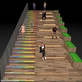 Wooden Stairs With Colorful Lights Glass Railings Green Areas And People Standing Sitting