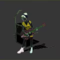 Man In White Hat And Yellow Vest Playing Electric Guitar With Microphone Stand