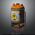 Industrial Storage Tank Cylindrical Orange Silver With Yellow Warning Stripes Flame Symbol Metal Stand Pipes