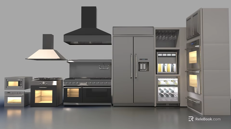 Modern Stainless Steel Kitchen Appliances With Range Hood Oven Refrigerator And Wine Cooler 3d model 