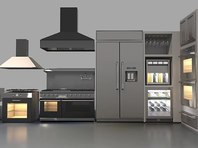 Modern Stainless Steel Kitchen Appliances With Range Hood Oven Refrigerator And Wine Cooler 3d model