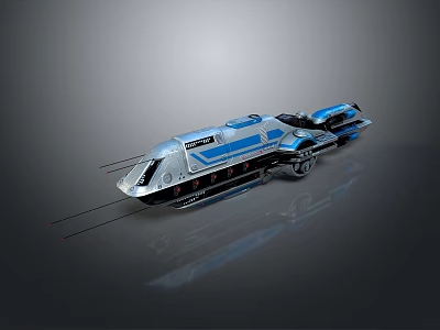 Futuristic Silver And Blue Streamlined Transport Vehicle With Smooth Surface And Rail Track 3d model