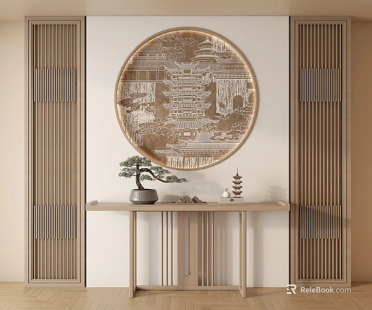 Chinese Foyer Hallway Featuring Circular Decorative Painting Wooden Lattice Doors And Bonsai On Console Table 3d model 