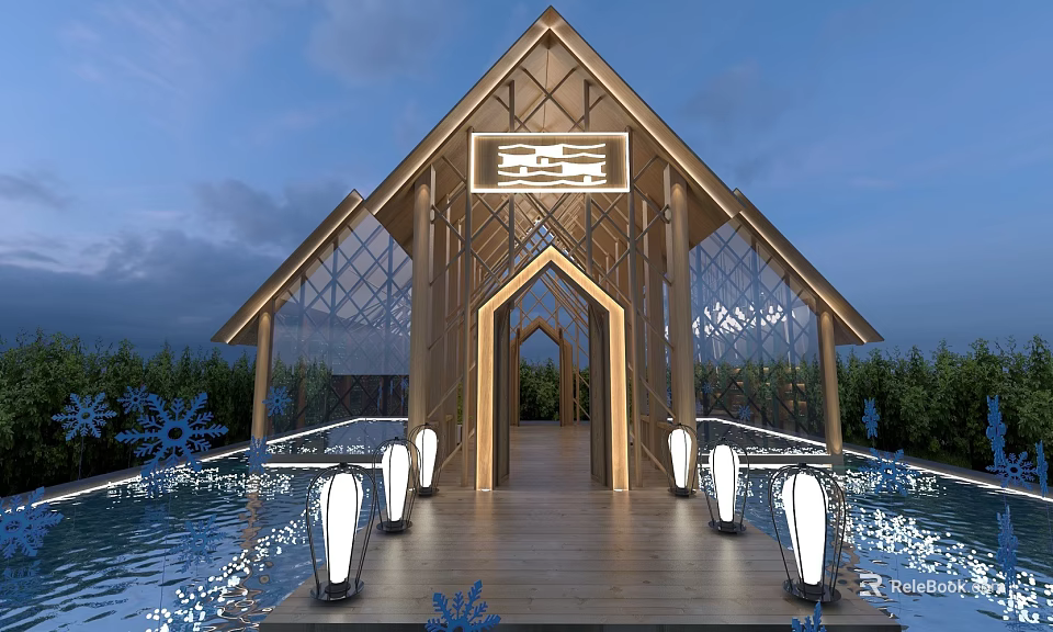 Wooden House With Triangular Roof Glass Walls And Lanterns On Water Deck 3d model 