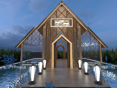 Wooden House With Triangular Roof Glass Walls And Lanterns On Water Deck 3d model