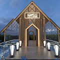 Wooden House With Triangular Roof Glass Walls And Lanterns On Water Deck