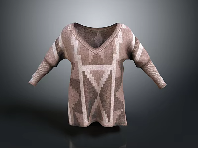 Modern Knitted V neck Sweater with Brown and White Geometric Pattern Design 3d model