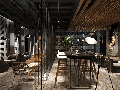 Industrial Style Restaurant Interior With Wooden Ceiling Metal Partition High Stools And Pendant Lights 3d model