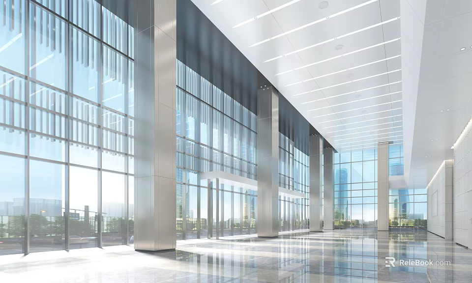 Modern Front Desk Reception Lobby With Spacious Glass Windows And Metal Columns 3d model 