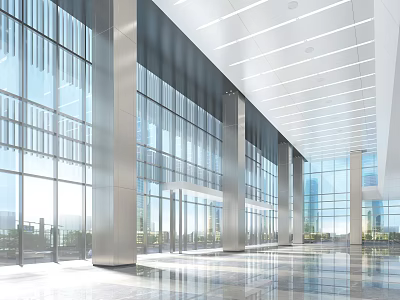 Modern Front Desk Reception Lobby With Spacious Glass Windows And Metal Columns 3d model