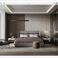 Modern Bedroom Interior With King Bed Nightstands Armchair Large Window Glass Wardrobe And Soft Rug