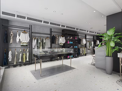 Modern Clothing Store Interior With Fashion Apparel On Racks Display Tables And Green Plants 3d model