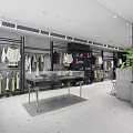 Modern Clothing Store Interior With Fashion Apparel On Racks Display Tables And Green Plants