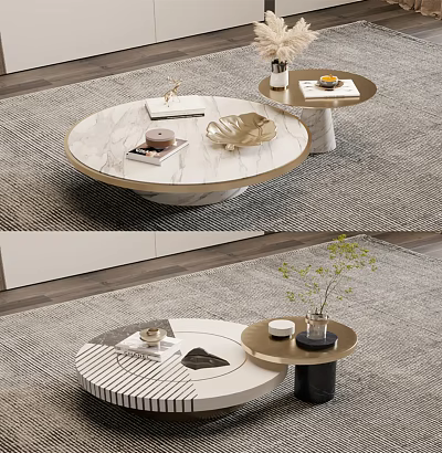 Elegant Modern Round Coffee Tables With Marble Top Striped Design And Metal Base 3d model
