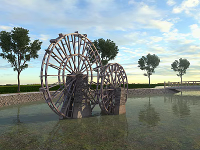 Large Wooden Water Wheels As Garden Ornaments Submerged In Water With Trees Sky And Grassland 3d model