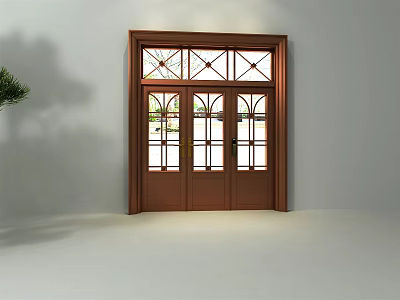 Brown Double Entrance Door with Glass Panels and Door Frame against White Wall in Natural Light 3d model