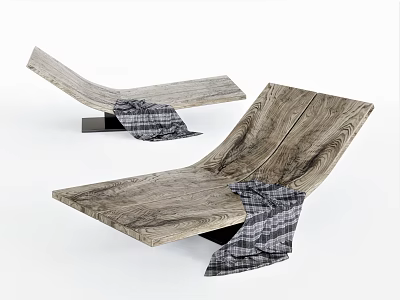 Modern Wooden Chaise Lounge With Natural Wood Grain And Plaid Fabric Accents 3d model