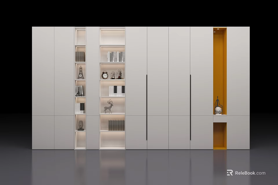 Modern White Bookcase with Open Shelves Books and Decorative Items Yellow Accent 3d model 