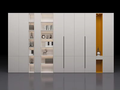 Modern White Bookcase with Open Shelves Books and Decorative Items Yellow Accent 3d model
