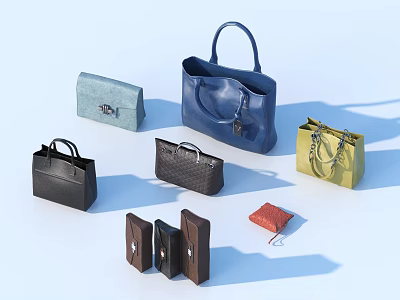 Assorted Fashionable Handbags And Wallets In Blue Black Yellow Gray With Leather And Patterned Textures 3d model