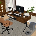 Modern Middle Ancient Study Retro Desk and Chair Combination Home Office Desk and Chair Leisure Chair Desktop Office Jewelry Bookcase Books Computer Desk Lamp Carpet Potted Plant Combination 3d model