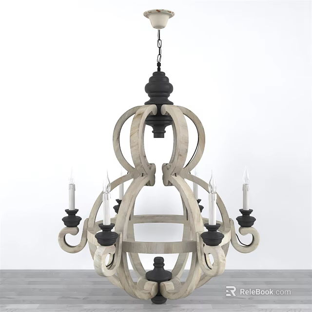 Rustic Wooden Chandelier With Black Metal Accents And Candle Style Light Design 3d model 