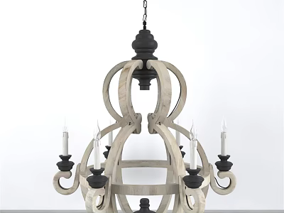 Rustic Wooden Chandelier With Black Metal Accents And Candle Style Light Design 3d model