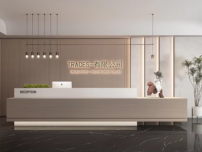 Modern Reception Desk Interior Design With Company Logo And Hanging Lights 3d model
