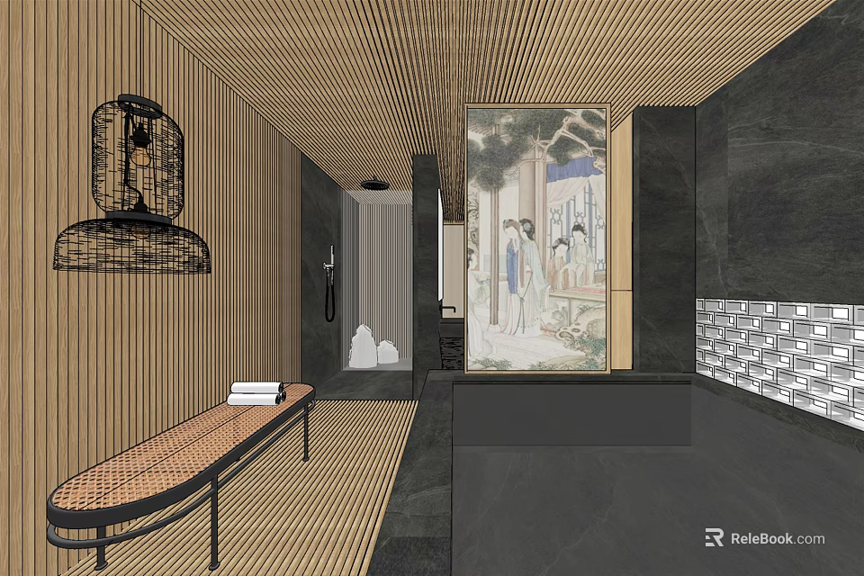 Traditional SPA Sauna Interior With Wooden Walls Lantern Bench And Art Painting 3d model 