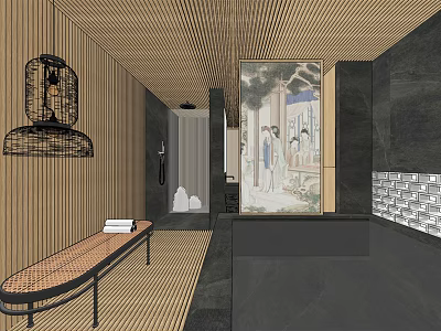 Traditional SPA Sauna Interior With Wooden Walls Lantern Bench And Art Painting 3d model