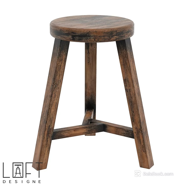 Rustic Wooden Stool With Round Seat And Three Solid Legs Structure 3d model 