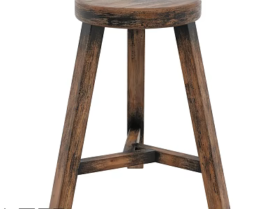 Rustic Wooden Stool With Round Seat And Three Solid Legs Structure 3d model
