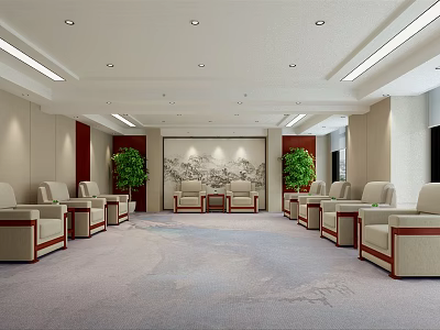 Hotel Public Lounge Area With Beige Sofas Red Borders Landscape Painting And Green Plants 3d model