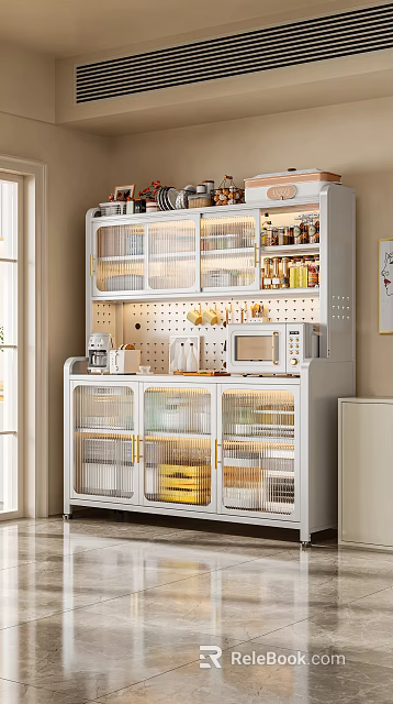 White Kitchen Cabinet With Glass Doors Golden Handles And Appliances 3d model 