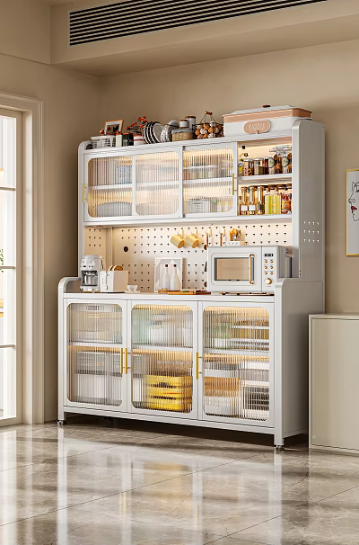 White Kitchen Cabinet With Glass Doors Golden Handles And Appliances 3d model