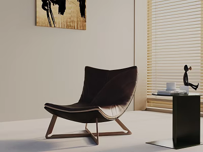 Modern Black Leather Leisure Chair With Wooden Legs And Side Table With Books And Blinds 3d model