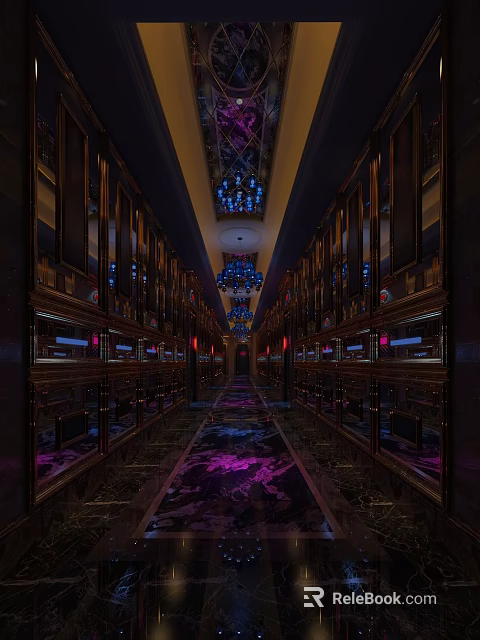 Luxurious KTV Corridor Interior With Crystal Chandeliers Colorful Carpet And Wooden Paneling 3d model 