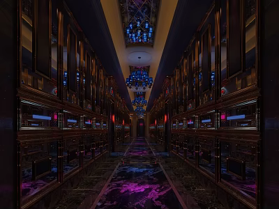 Luxurious KTV Corridor Interior With Crystal Chandeliers Colorful Carpet And Wooden Paneling 3d model